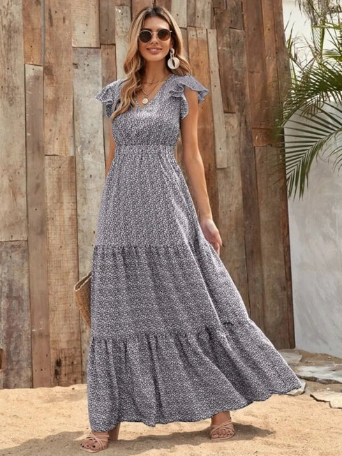 printed-v-neck-ruffled-cap-sleeve-maxi-dress OhSoStyled - Sophia's Style in Green-14